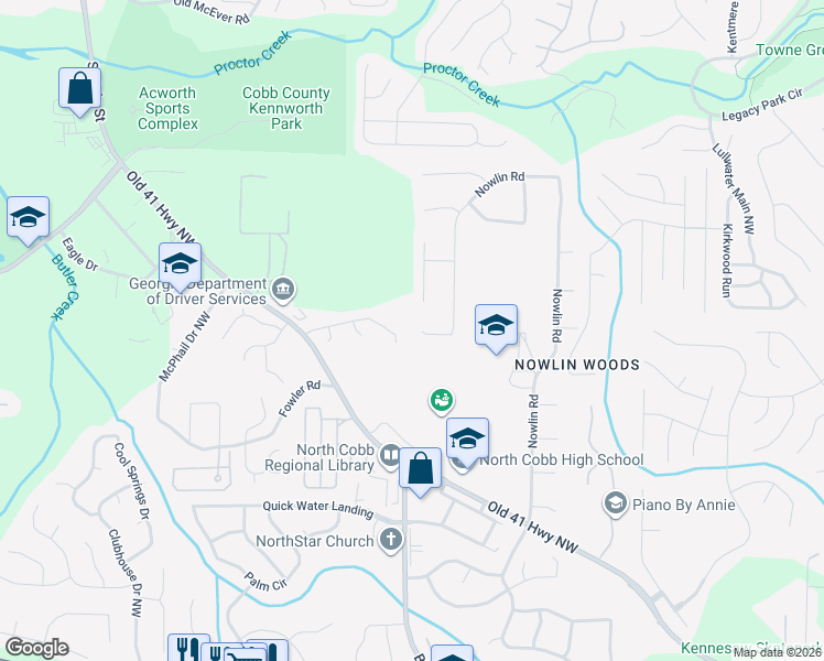 map of restaurants, bars, coffee shops, grocery stores, and more near 3894 Nowlin Road in Kennesaw