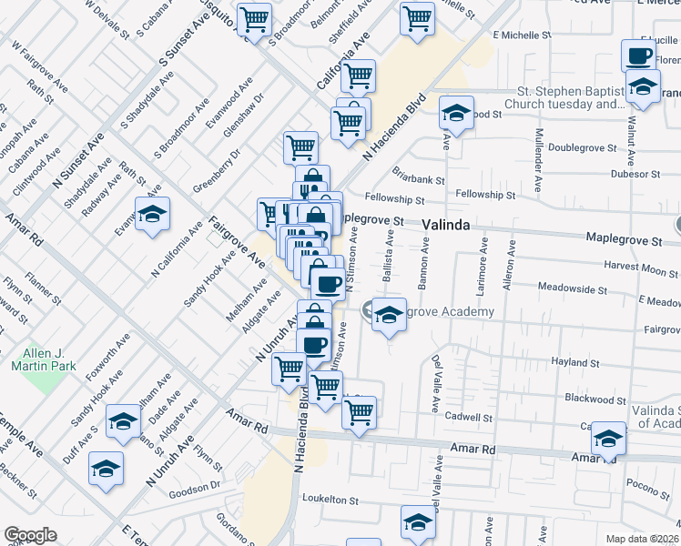 map of restaurants, bars, coffee shops, grocery stores, and more near 2 North Stimson Avenue in La Puente