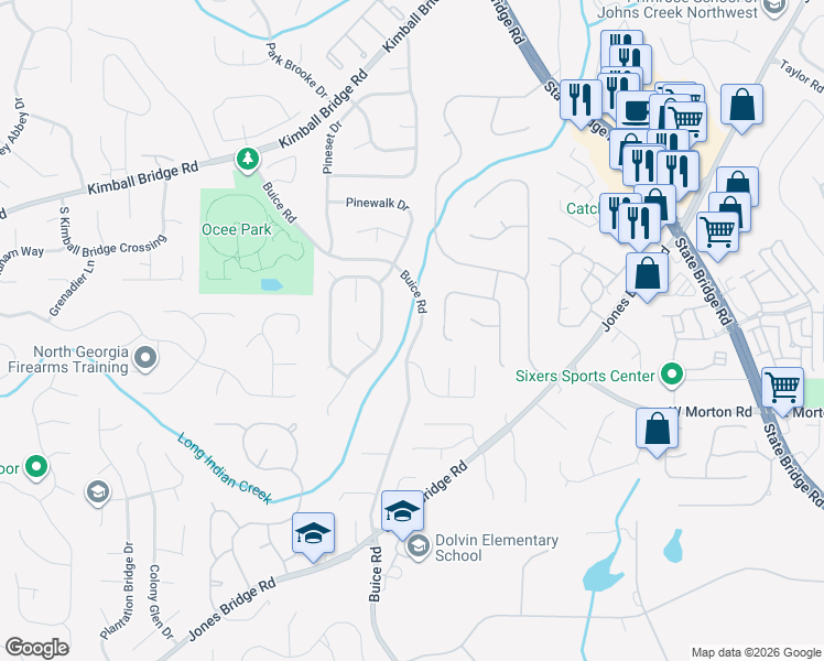 map of restaurants, bars, coffee shops, grocery stores, and more near 10750 Buice Road in Alpharetta