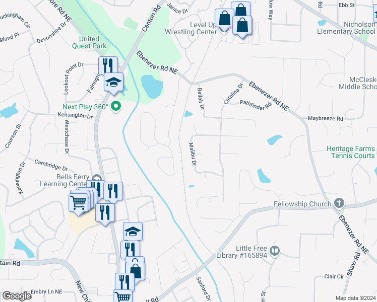 map of restaurants, bars, coffee shops, grocery stores, and more near 1015 Malibu Drive in Marietta