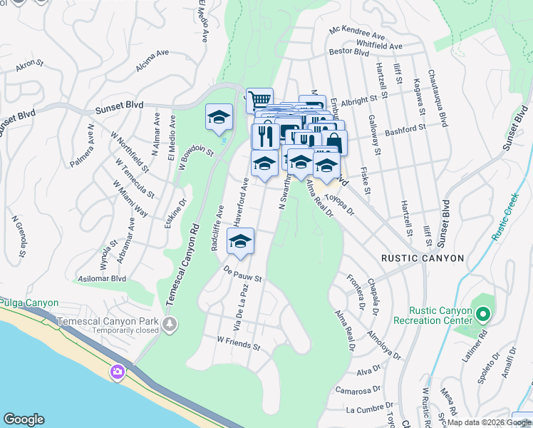 map of restaurants, bars, coffee shops, grocery stores, and more near 732 Vía De La Paz in Los Angeles