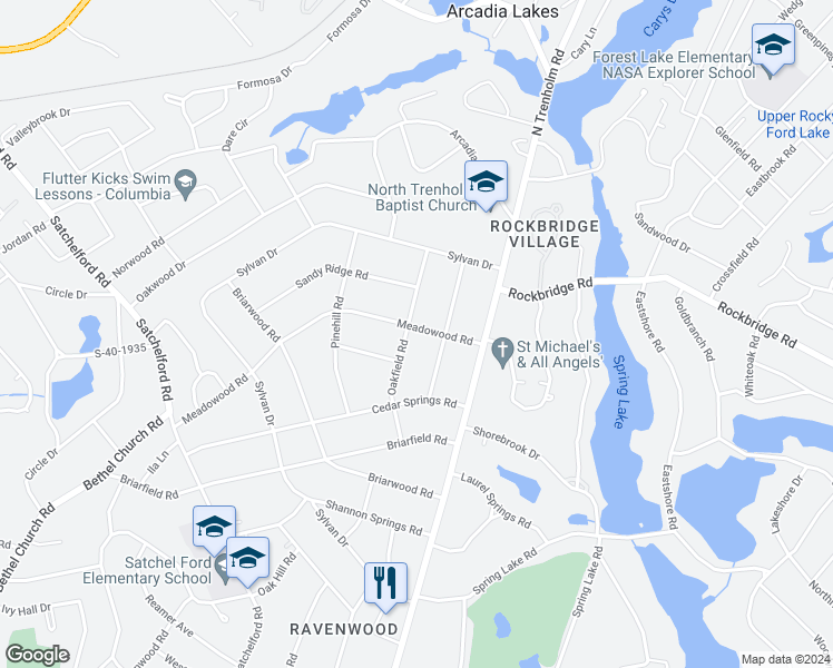 map of restaurants, bars, coffee shops, grocery stores, and more near 6330 Oakfield Road in Columbia