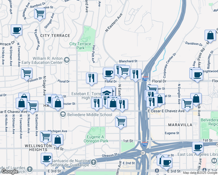 map of restaurants, bars, coffee shops, grocery stores, and more near 4215 Fisher Street in Los Angeles