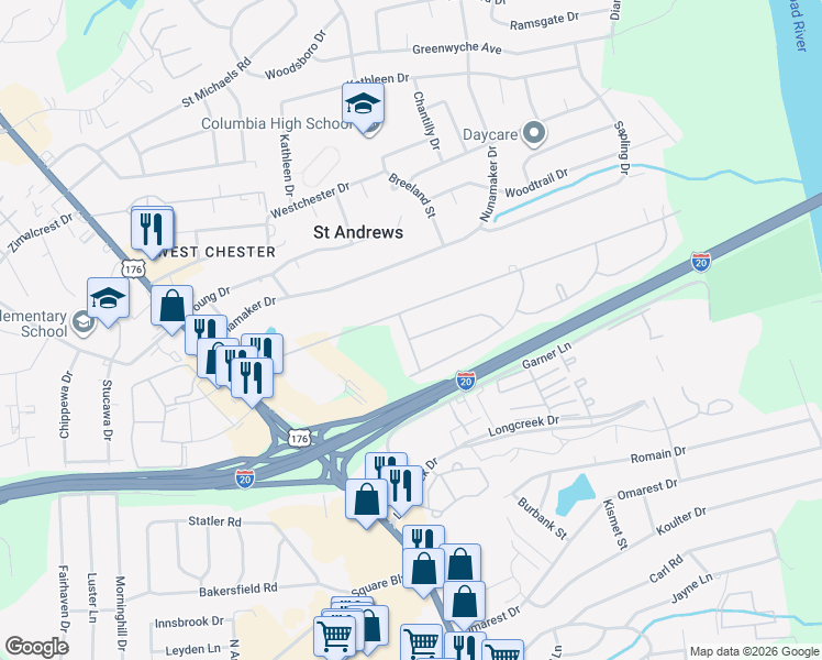 map of restaurants, bars, coffee shops, grocery stores, and more near 1620 Marley Drive in Columbia
