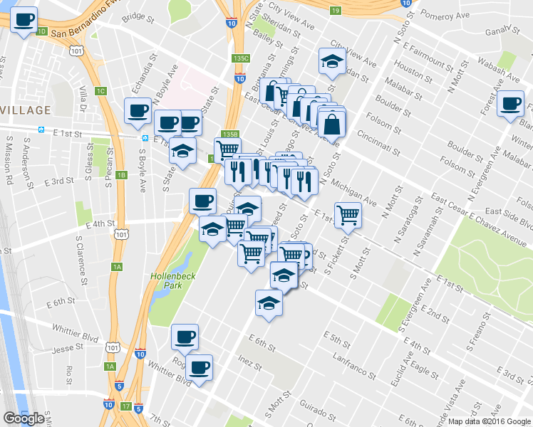 map of restaurants, bars, coffee shops, grocery stores, and more near 2223 East 2nd Street in Los Angeles
