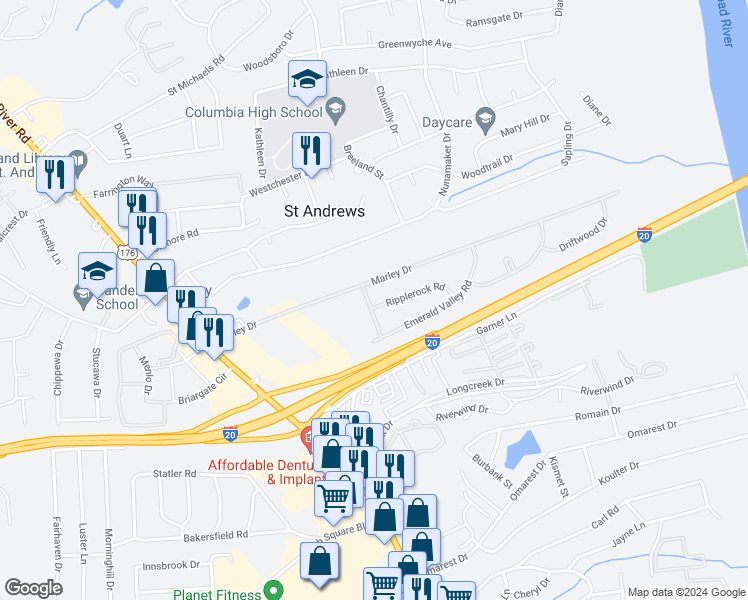 map of restaurants, bars, coffee shops, grocery stores, and more near 2218 Battleford Road in Columbia