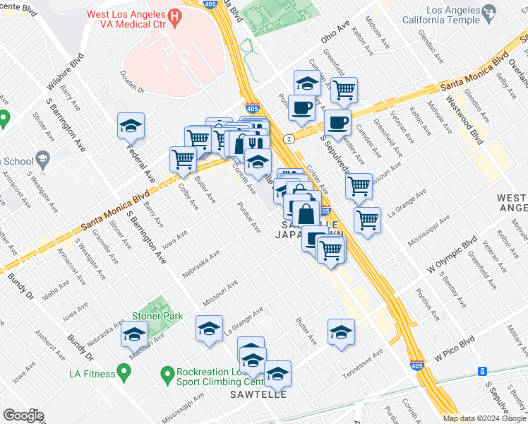 map of restaurants, bars, coffee shops, grocery stores, and more near 11337 Nebraska Avenue in Los Angeles