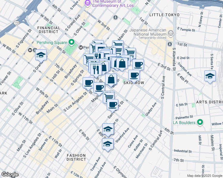 map of restaurants, bars, coffee shops, grocery stores, and more near 649 Wall St in Los Angeles