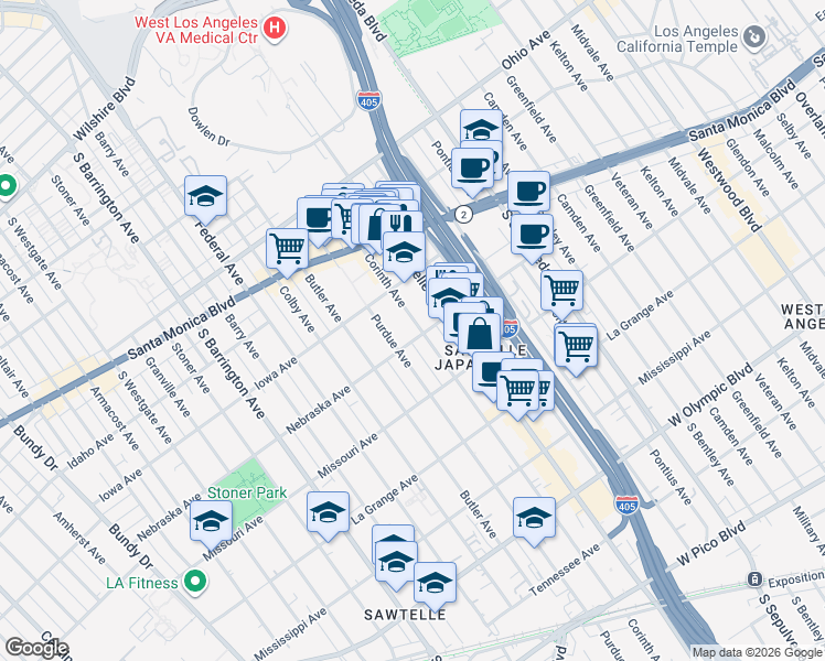 map of restaurants, bars, coffee shops, grocery stores, and more near 11337 Nebraska Avenue in Los Angeles