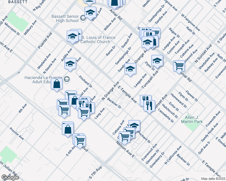 map of restaurants, bars, coffee shops, grocery stores, and more near 534 North Orange Avenue in La Puente