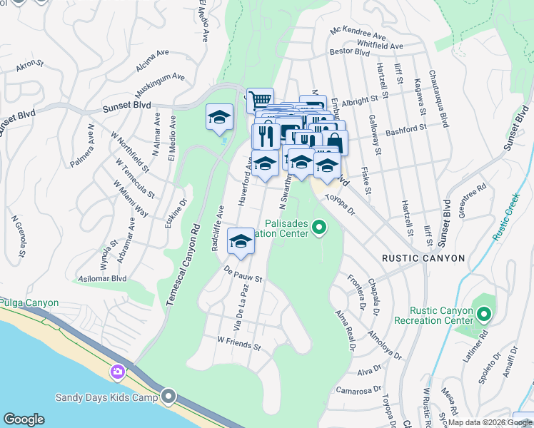 map of restaurants, bars, coffee shops, grocery stores, and more near 732 Vía De La Paz in Los Angeles