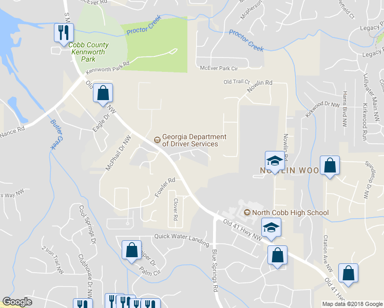 map of restaurants, bars, coffee shops, grocery stores, and more near Faulkland Court in Kennesaw