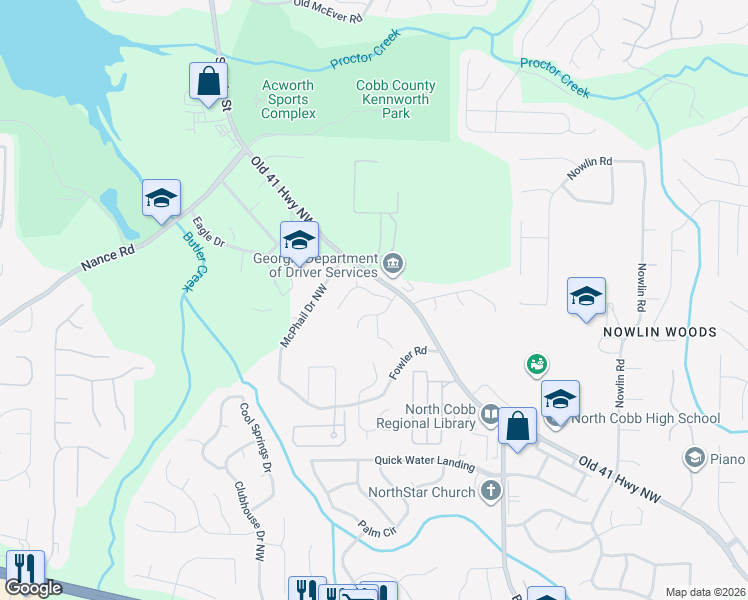 map of restaurants, bars, coffee shops, grocery stores, and more near 3600 Darcy Court in Kennesaw