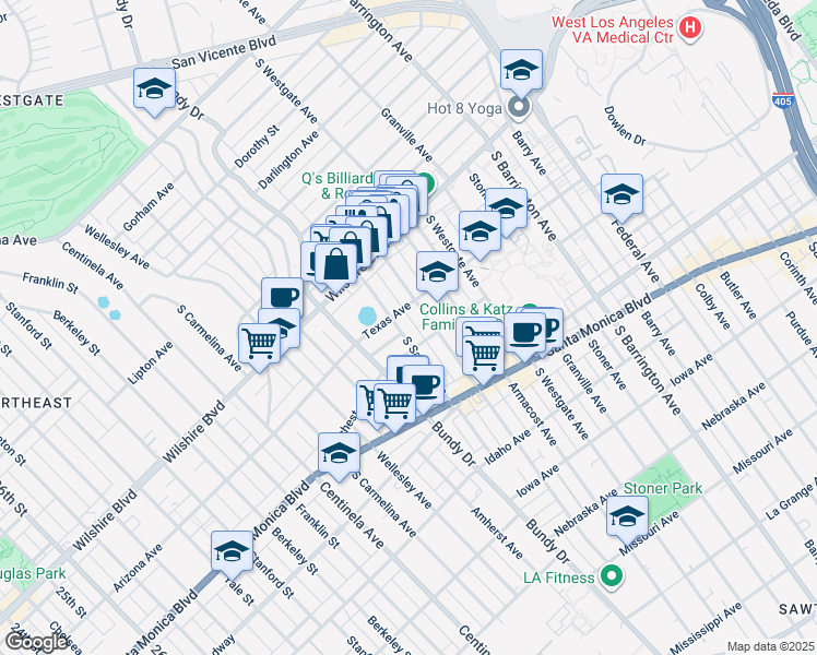 map of restaurants, bars, coffee shops, grocery stores, and more near 1312 South Saltair Avenue in Los Angeles