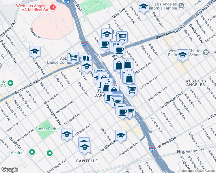 map of restaurants, bars, coffee shops, grocery stores, and more near 1837 Beloit Avenue in Los Angeles
