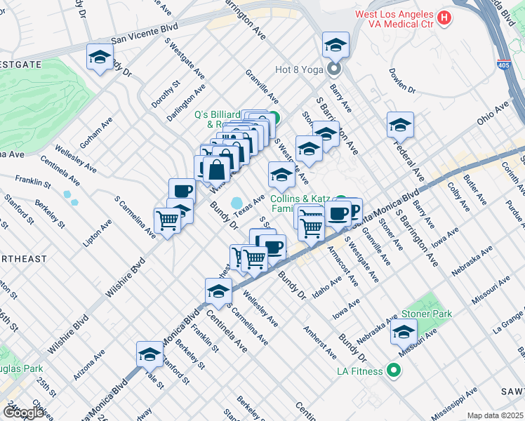 map of restaurants, bars, coffee shops, grocery stores, and more near 1312 South Saltair Avenue in Los Angeles