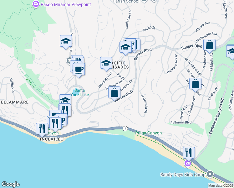 map of restaurants, bars, coffee shops, grocery stores, and more near 16866 Livorno Drive in Los Angeles