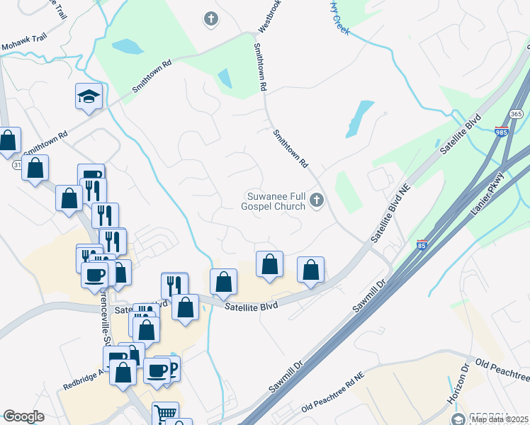 map of restaurants, bars, coffee shops, grocery stores, and more near 310 Morning Glen Drive in Suwanee