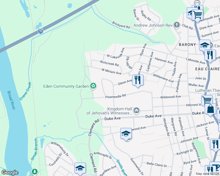 map of restaurants, bars, coffee shops, grocery stores, and more near 4333 Woodridge Drive in Columbia
