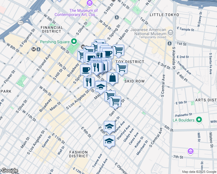 map of restaurants, bars, coffee shops, grocery stores, and more near 240 East 6th Street in Los Angeles