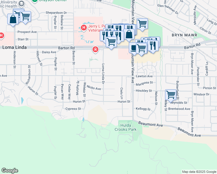 map of restaurants, bars, coffee shops, grocery stores, and more near 25534 Nicks Avenue in Loma Linda