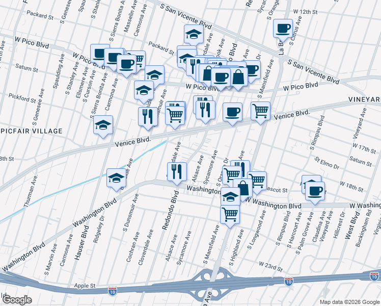 map of restaurants, bars, coffee shops, grocery stores, and more near in Los Angeles