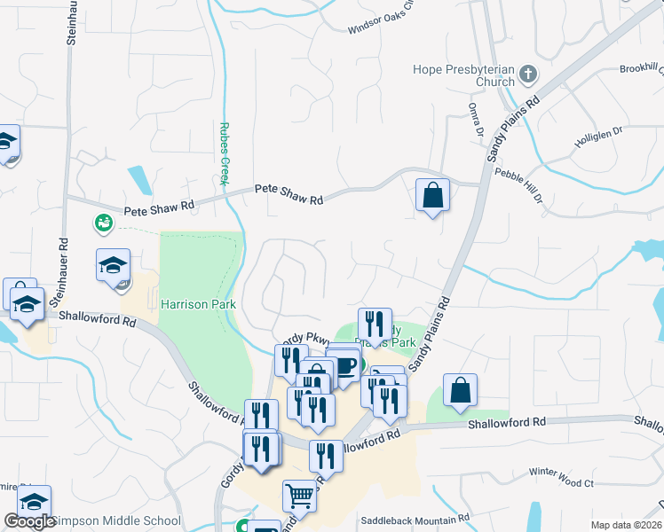 map of restaurants, bars, coffee shops, grocery stores, and more near 3809 Upland Drive in Marietta