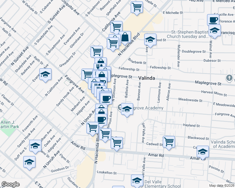 map of restaurants, bars, coffee shops, grocery stores, and more near 1309 Ballista Avenue in La Puente