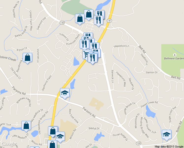 map of restaurants, bars, coffee shops, grocery stores, and more near 287 Gold Cove Lane in Duluth