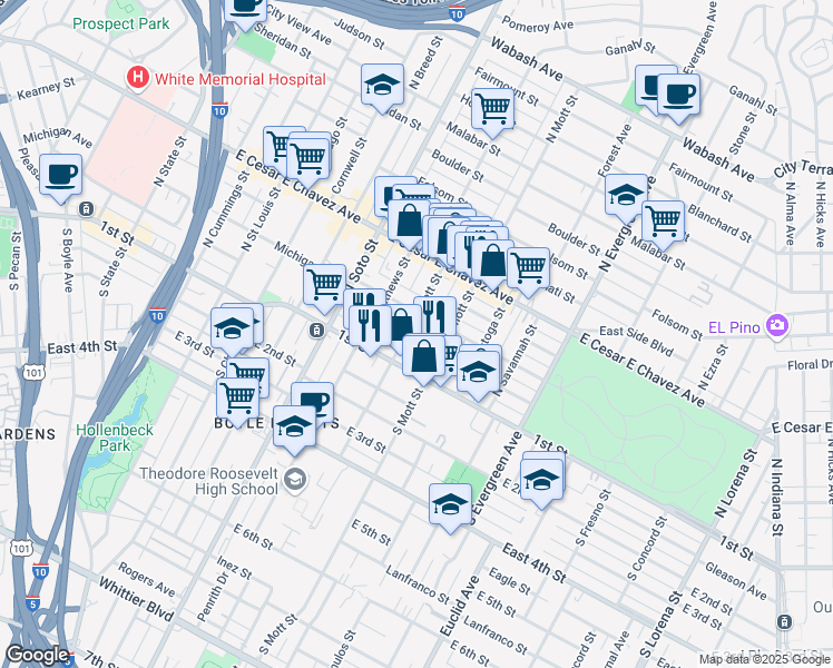 map of restaurants, bars, coffee shops, grocery stores, and more near 2607 Pennsylvania Avenue in Los Angeles
