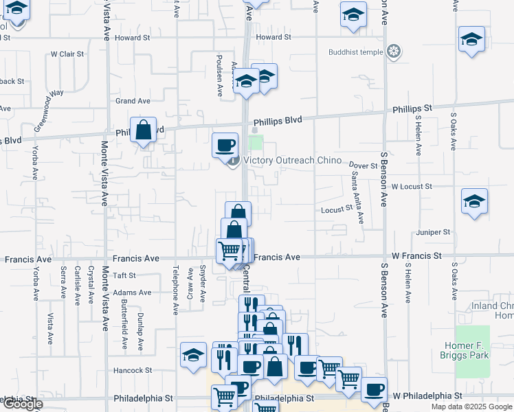 map of restaurants, bars, coffee shops, grocery stores, and more near 5338 Mariner Lane in Chino