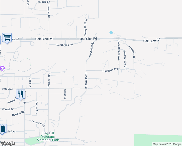 map of restaurants, bars, coffee shops, grocery stores, and more near 36041 Highland Avenue in Yucaipa