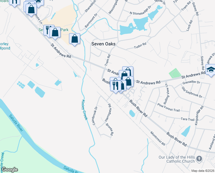 map of restaurants, bars, coffee shops, grocery stores, and more near 3700 Bush River Road in Columbia