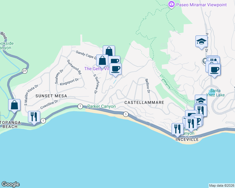 map of restaurants, bars, coffee shops, grocery stores, and more near 17907 Tramonto Drive in Los Angeles