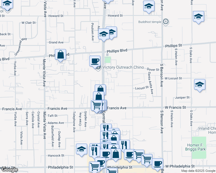 map of restaurants, bars, coffee shops, grocery stores, and more near 5338 Mariner Lane in Chino