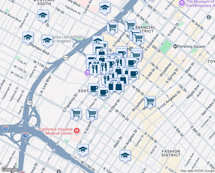 map of restaurants, bars, coffee shops, grocery stores, and more near 1000 South Hope Street in Los Angeles