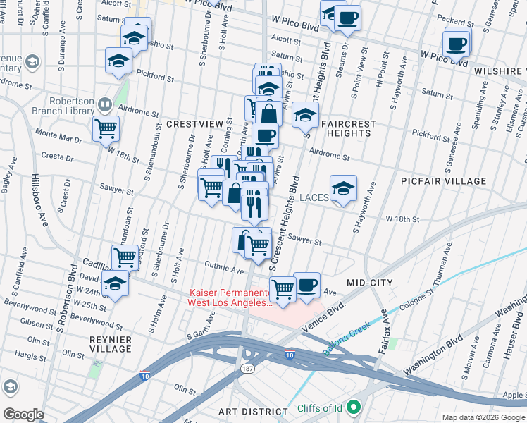 map of restaurants, bars, coffee shops, grocery stores, and more near 6068 West 18th Street in Los Angeles