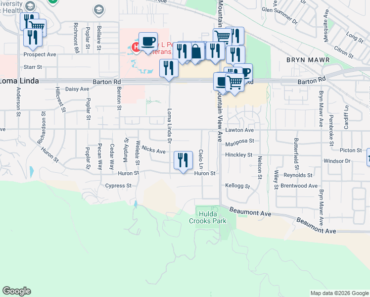 map of restaurants, bars, coffee shops, grocery stores, and more near 25590 Mandarin Court in Loma Linda