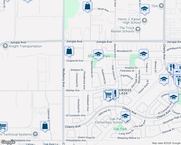 map of restaurants, bars, coffee shops, grocery stores, and more near 11545 Ponderosa Avenue in Fontana