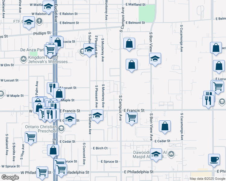 map of restaurants, bars, coffee shops, grocery stores, and more near 1614 South Campus Avenue in Ontario