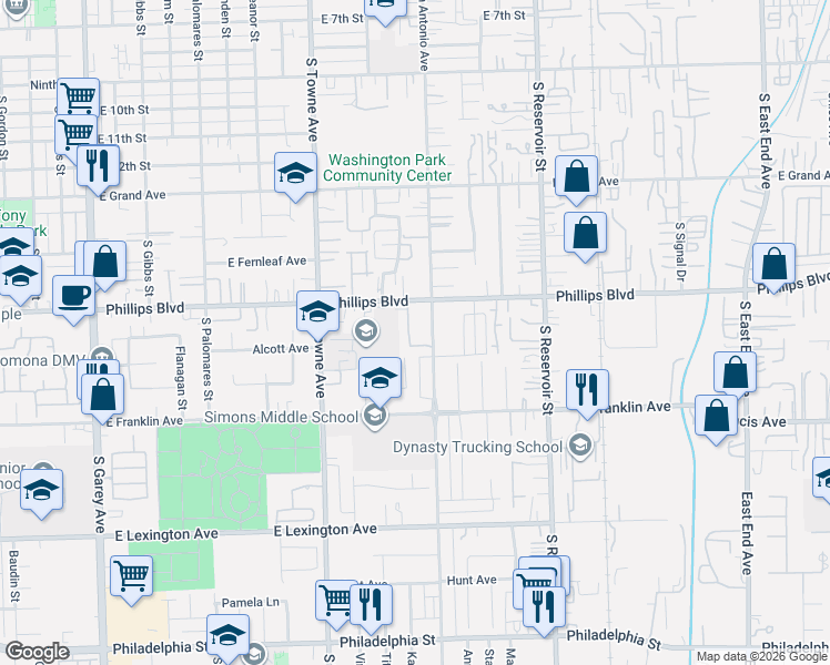 map of restaurants, bars, coffee shops, grocery stores, and more near 1501 South San Antonio Avenue in Pomona