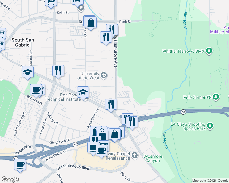 map of restaurants, bars, coffee shops, grocery stores, and more near 1224 Walnut Grove Avenue in Rosemead