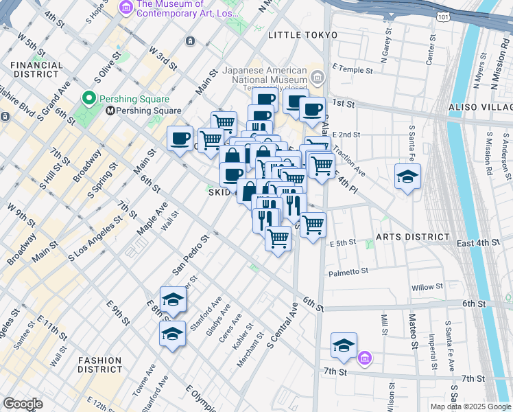 map of restaurants, bars, coffee shops, grocery stores, and more near 432 Crocker Street in Los Angeles
