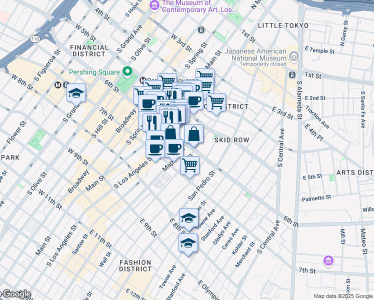 map of restaurants, bars, coffee shops, grocery stores, and more near 579 Maple Avenue in Los Angeles
