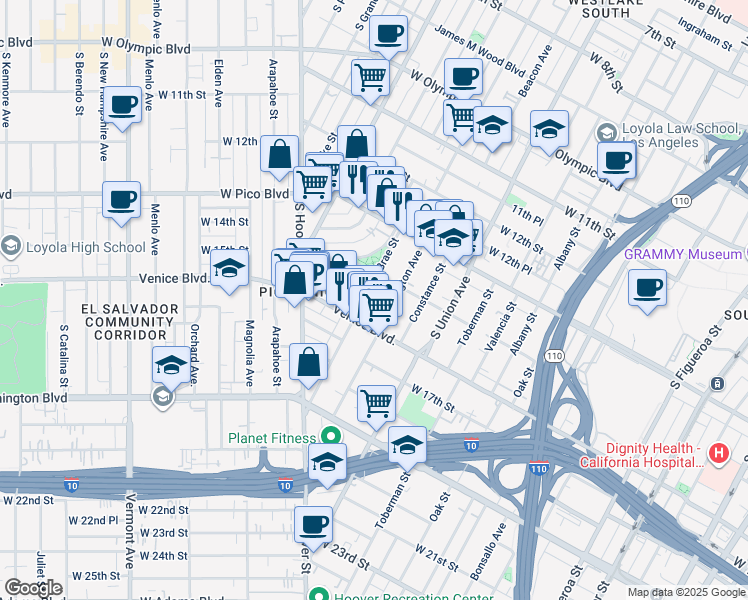 map of restaurants, bars, coffee shops, grocery stores, and more near 1406 South Bonnie Brae Street in Los Angeles
