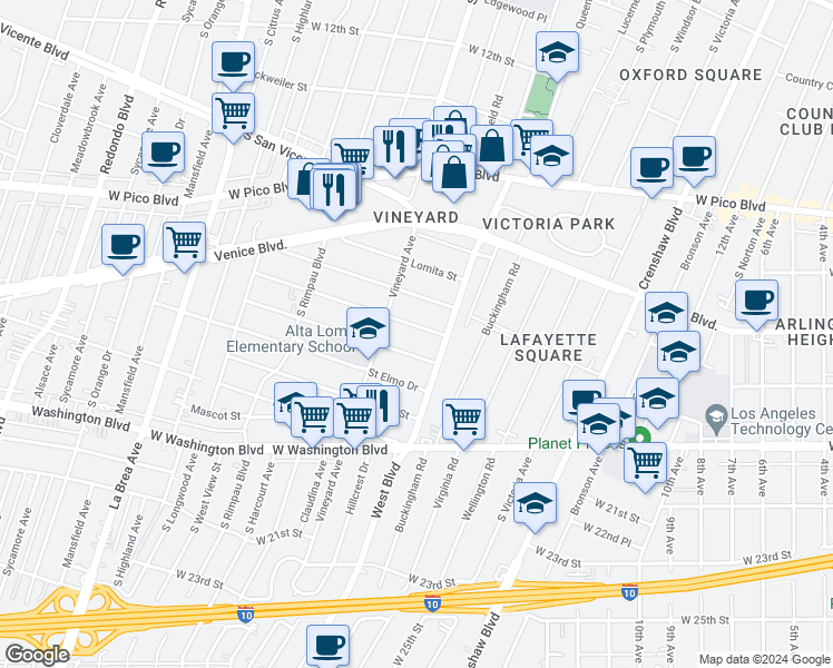 map of restaurants, bars, coffee shops, grocery stores, and more near 4521 West 17th Street in Los Angeles
