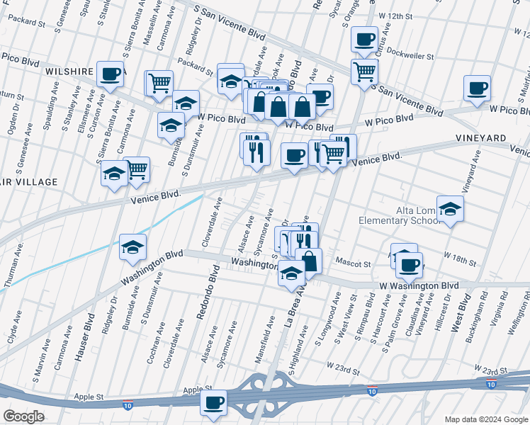 map of restaurants, bars, coffee shops, grocery stores, and more near 1707 South Sycamore Avenue in Los Angeles