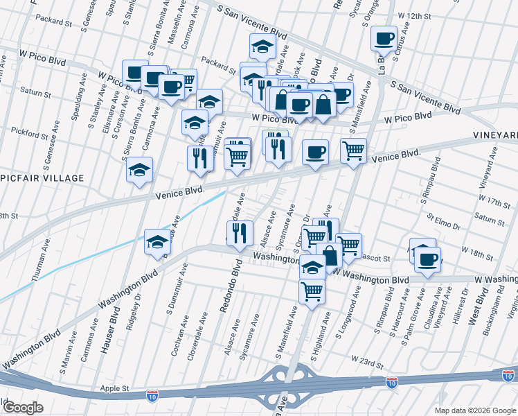 map of restaurants, bars, coffee shops, grocery stores, and more near in Los Angeles