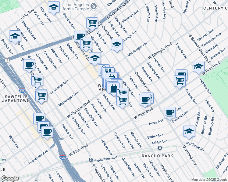 map of restaurants, bars, coffee shops, grocery stores, and more near 2203 Glendon Avenue in Los Angeles