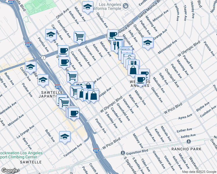 map of restaurants, bars, coffee shops, grocery stores, and more near 2026 Greenfield Avenue in Los Angeles